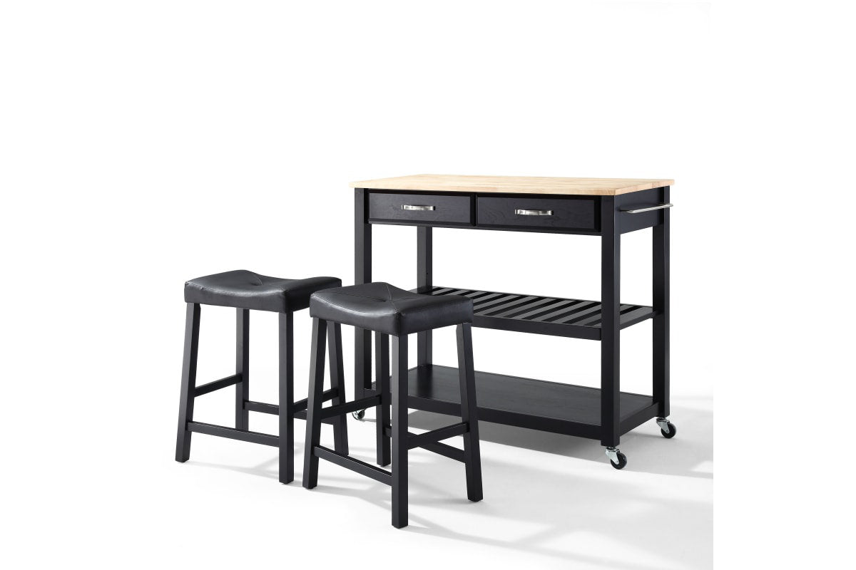 Wood Top Kitchen Prep Cart W/Uph Saddle Stools - Black & Natural