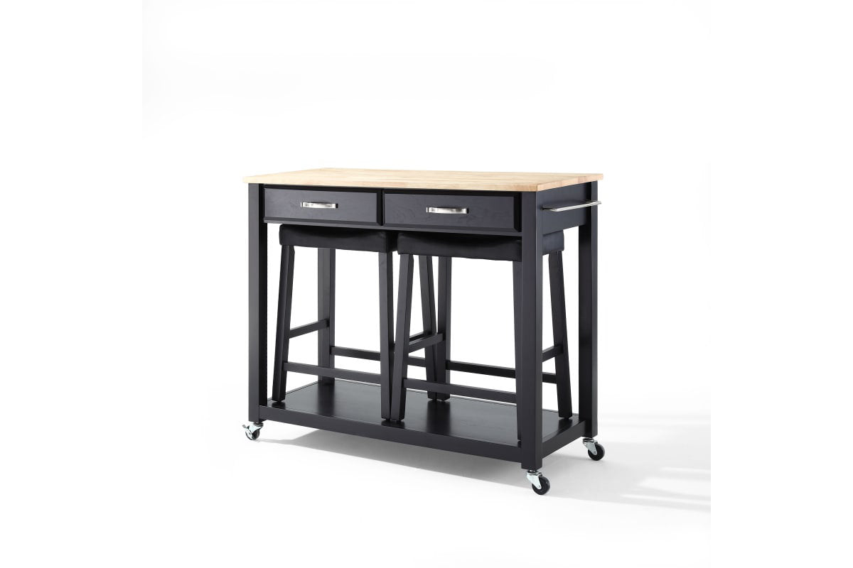 Wood Top Kitchen Prep Cart W/Uph Saddle Stools - Black & Natural