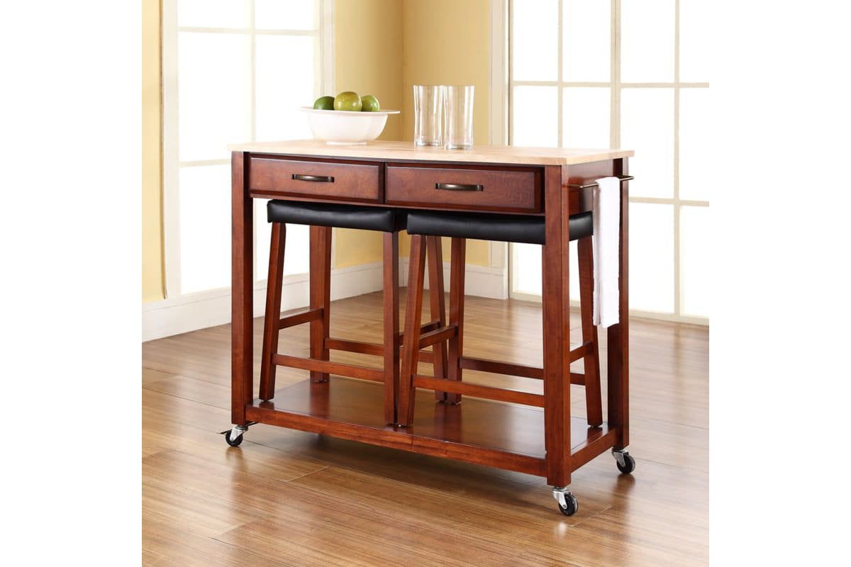 Wood Top Kitchen Prep Cart W/Uph Saddle Stools - Cherry & Natural