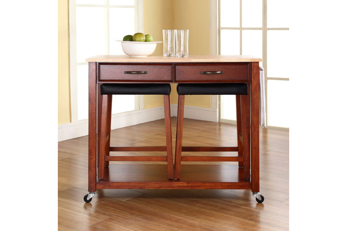 Wood Top Kitchen Prep Cart W/Uph Saddle Stools - Cherry & Natural