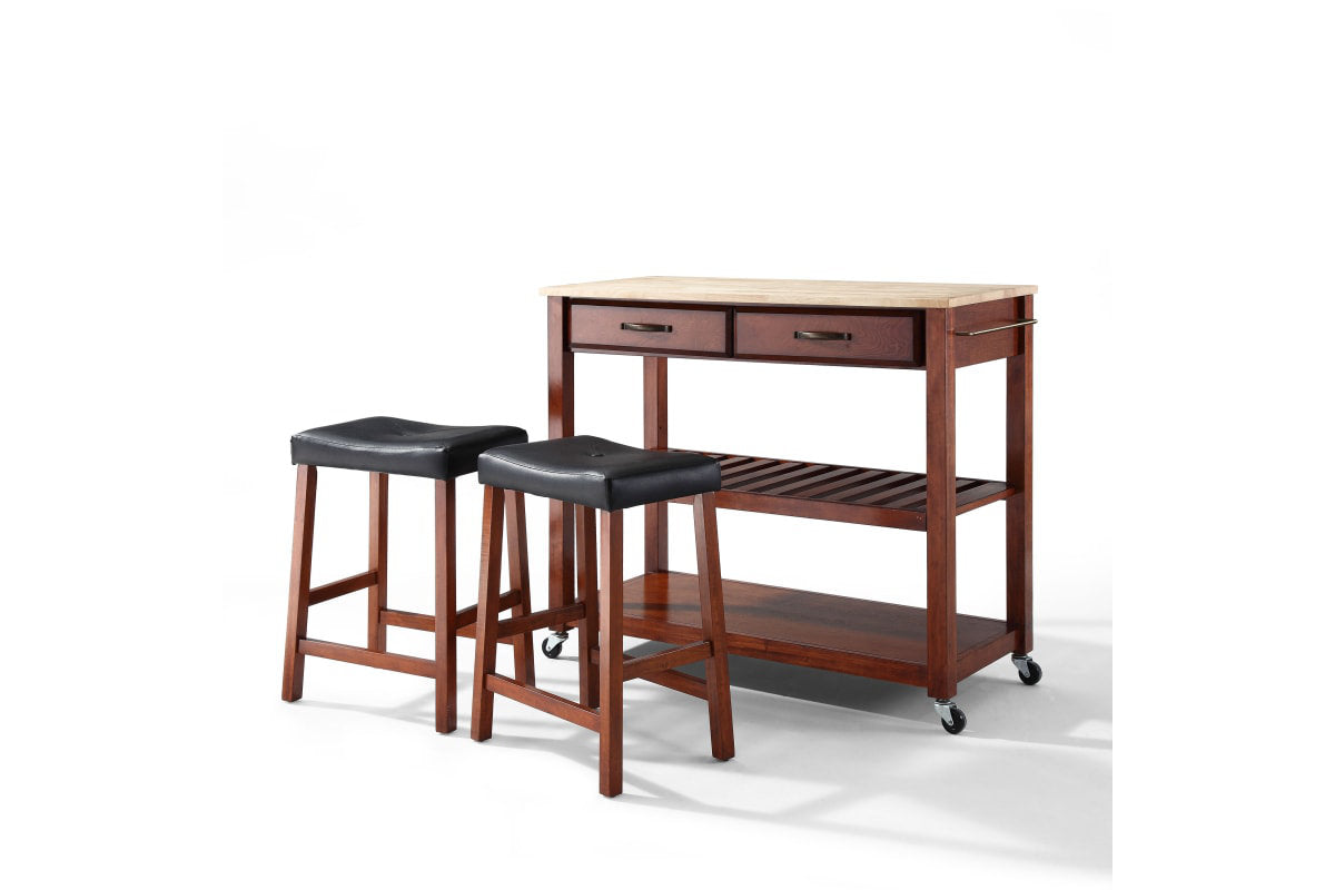 Wood Top Kitchen Prep Cart W/Uph Saddle Stools - Cherry & Natural