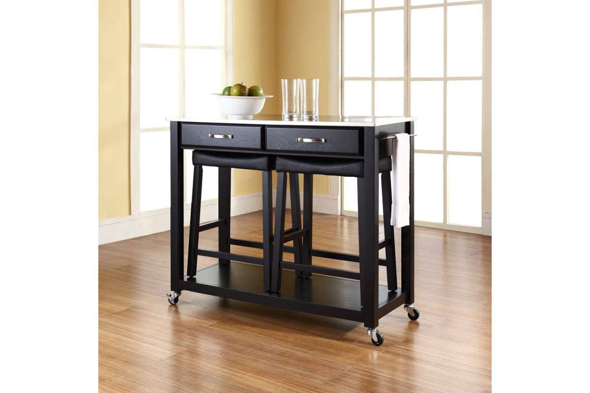 Stainless Steel Top Kitchen Prep Cart W/Uph Saddle Stools - Black