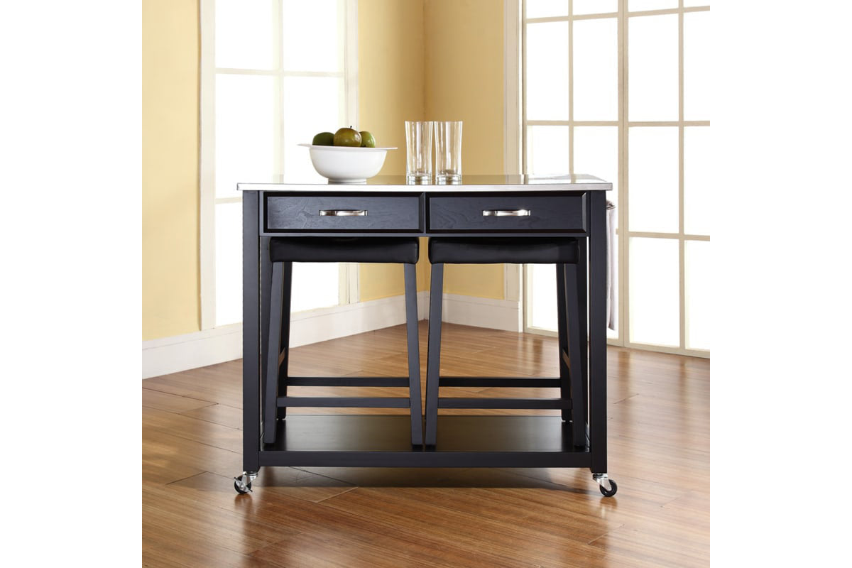 Stainless Steel Top Kitchen Prep Cart W/Uph Saddle Stools - Black