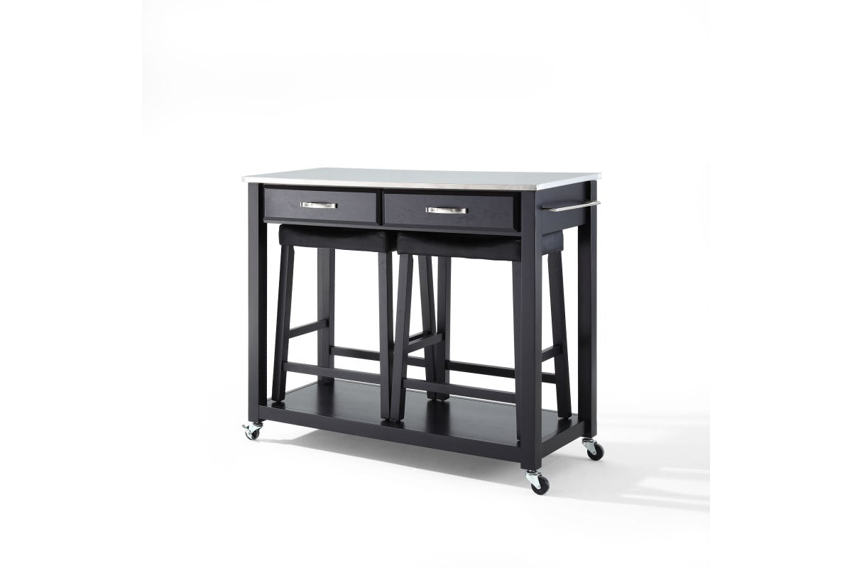 Stainless Steel Top Kitchen Prep Cart W/Uph Saddle Stools - Black