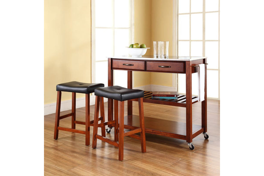 Stainless Steel Top Kitchen Prep Cart W/Uph Saddle Stools - Cherry