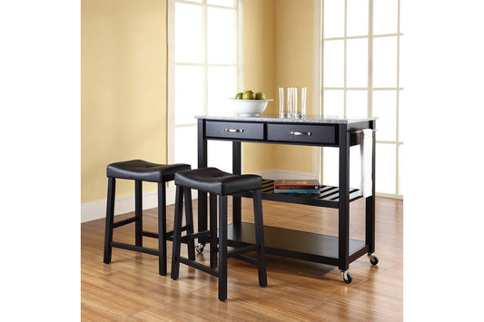 Granite Top Kitchen Prep Cart W/Uph Saddle Stools - Black & Gray Granite