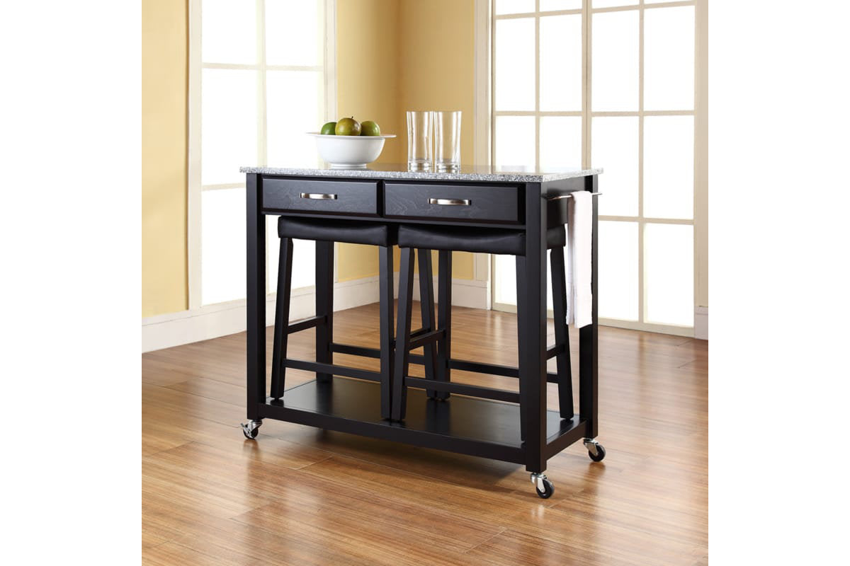 Granite Top Kitchen Prep Cart W/Uph Saddle Stools - Black & Gray Granite