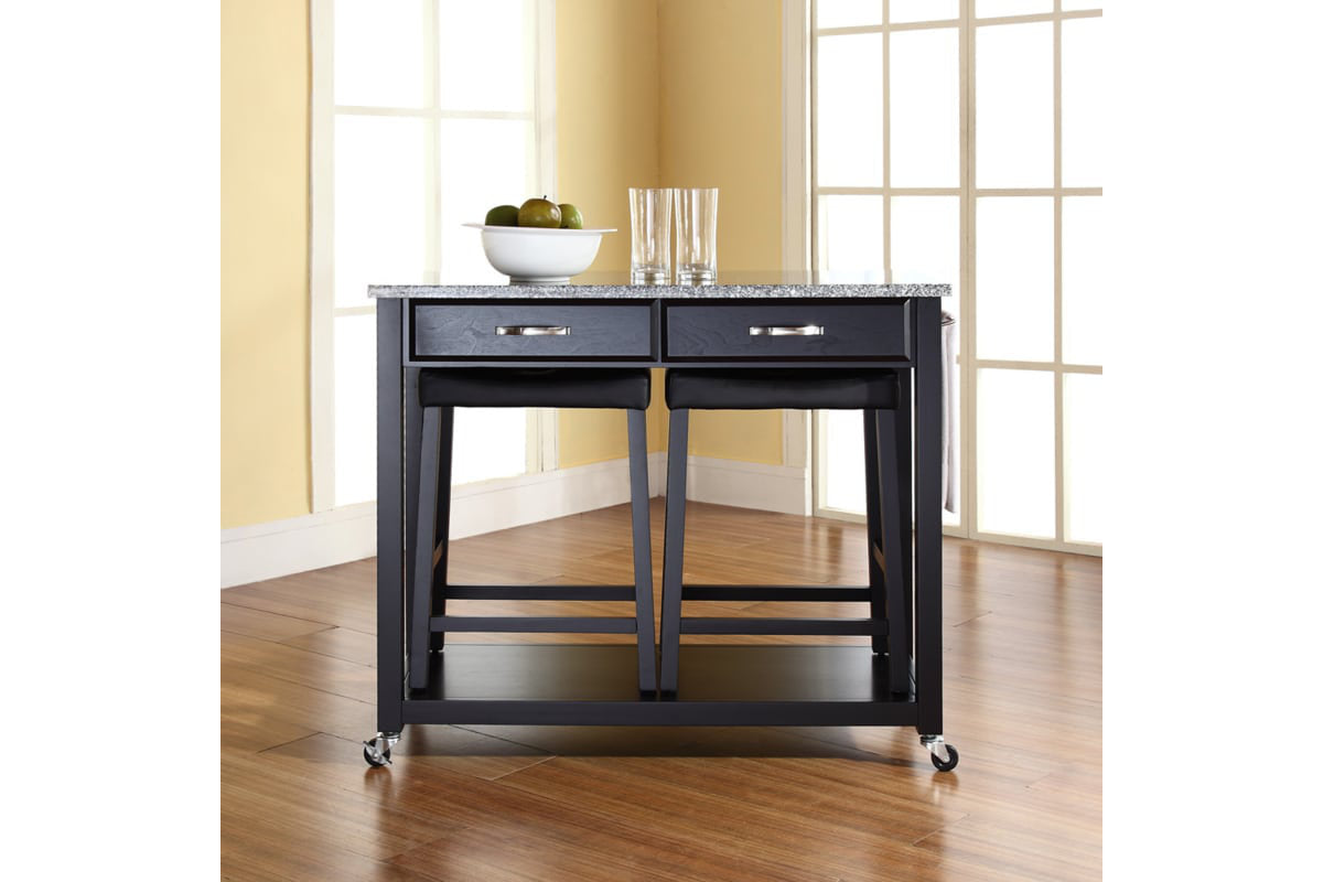 Granite Top Kitchen Prep Cart W/Uph Saddle Stools - Black & Gray Granite