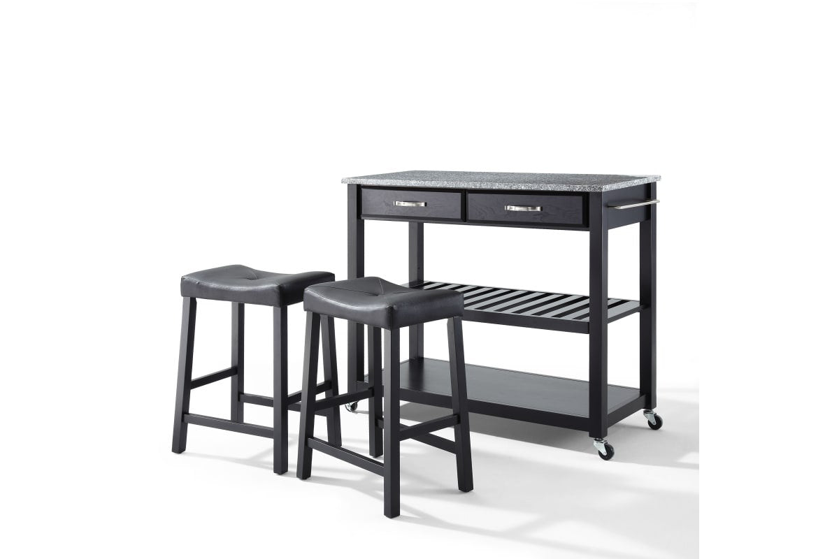 Granite Top Kitchen Prep Cart W/Uph Saddle Stools - Black & Gray Granite