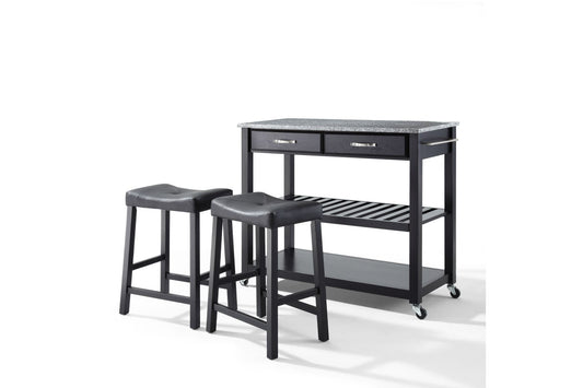 Granite Top Kitchen Prep Cart W/Uph Saddle Stools - Black & Gray Granite