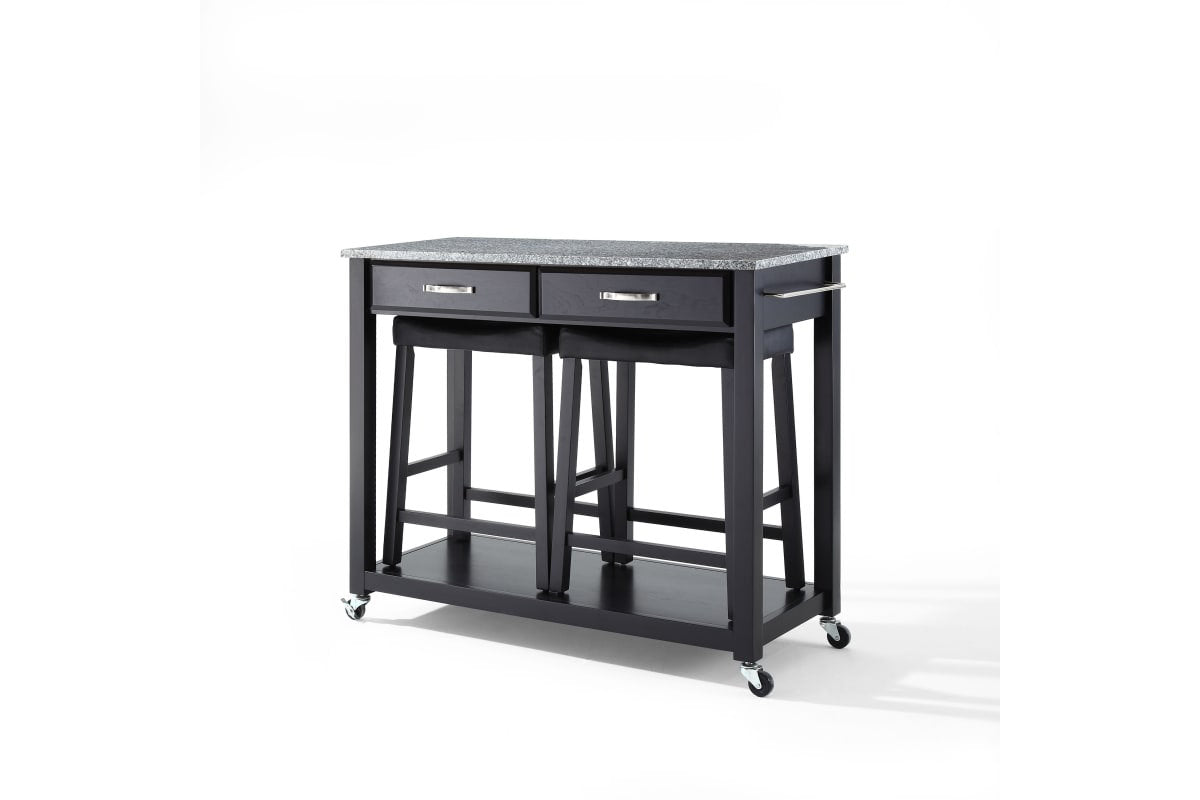 Granite Top Kitchen Prep Cart W/Uph Saddle Stools - Black & Gray Granite