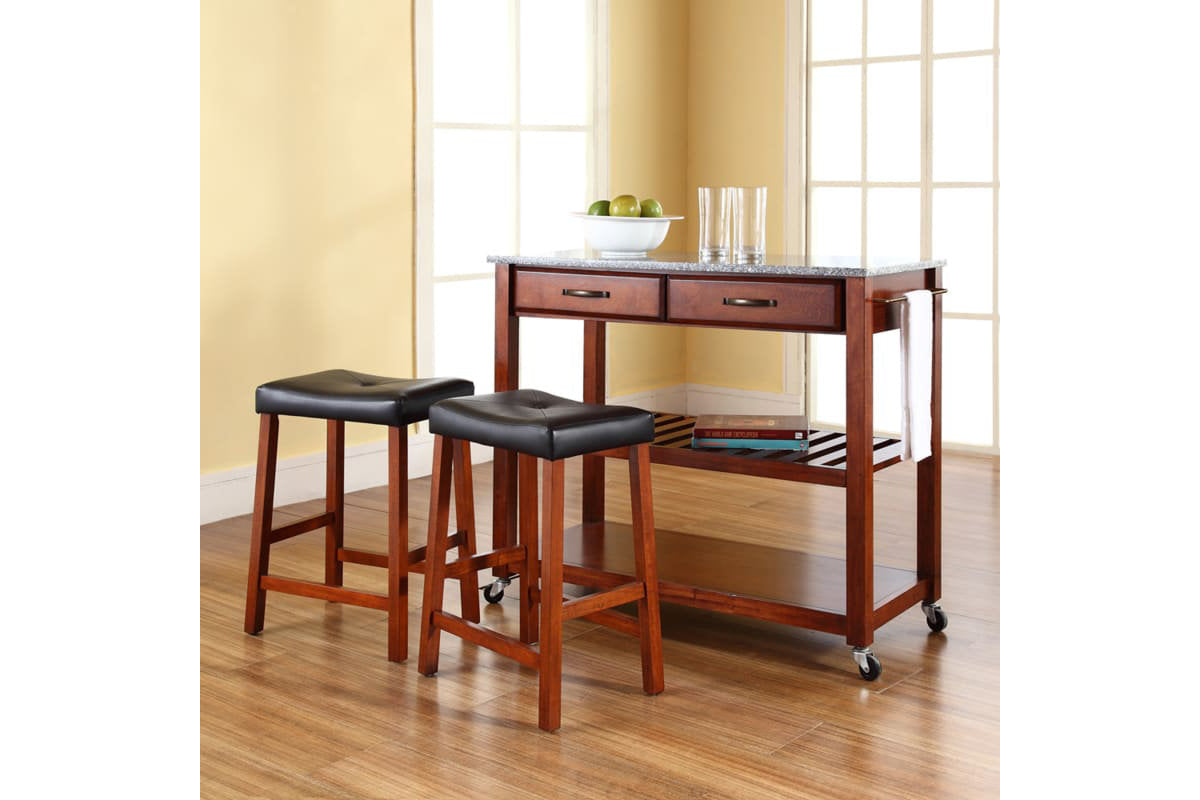 Granite Top Kitchen Prep Cart W/Uph Saddle Stools - Cherry & Gray Granite