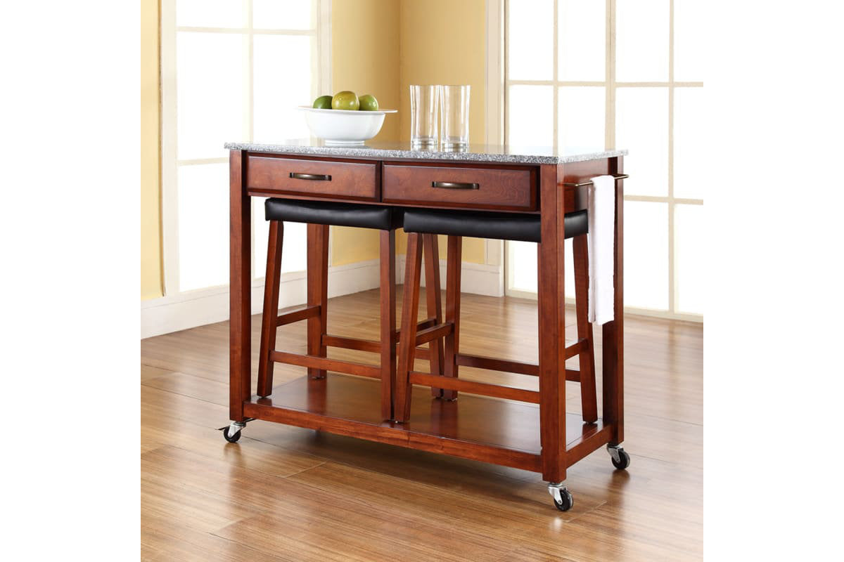 Granite Top Kitchen Prep Cart W/Uph Saddle Stools - Cherry & Gray Granite