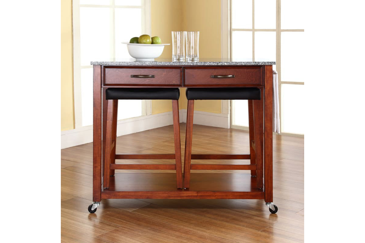 Granite Top Kitchen Prep Cart W/Uph Saddle Stools - Cherry & Gray Granite