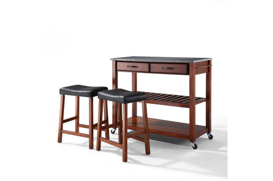 Granite Top Kitchen Prep Cart W/Uph Saddle Stools - Cherry & Gray Granite