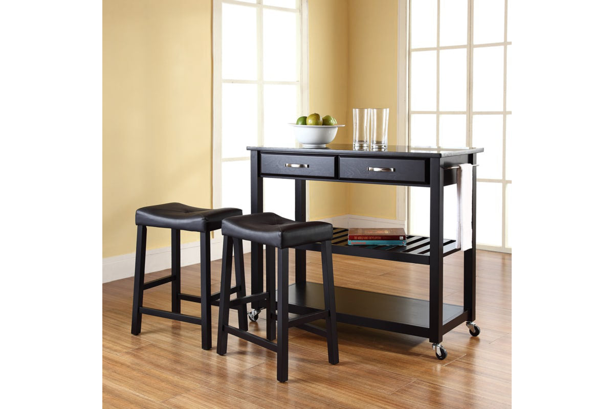 Granite Top Kitchen Prep Cart W/Uph Saddle Stools - Black  & Black Granite