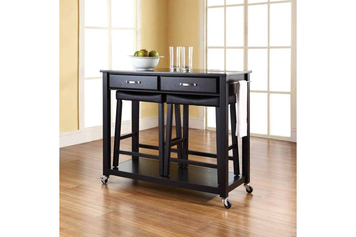 Granite Top Kitchen Prep Cart W/Uph Saddle Stools - Black  & Black Granite