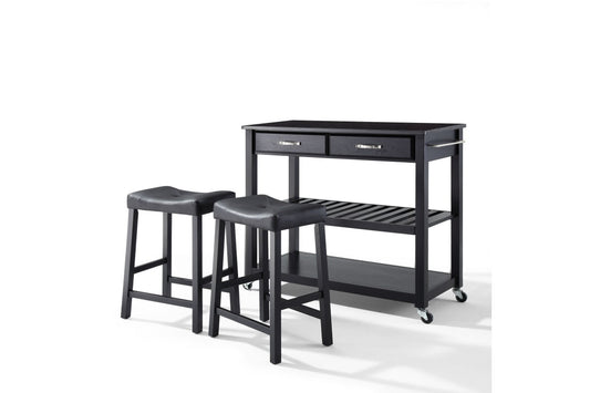 Granite Top Kitchen Prep Cart W/Uph Saddle Stools - Black  & Black Granite