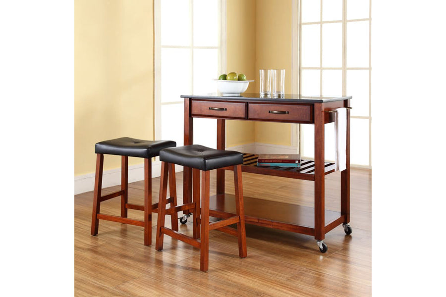 Granite Top Kitchen Prep Cart W/Uph Saddle Stools - Cherry  & Black Granite