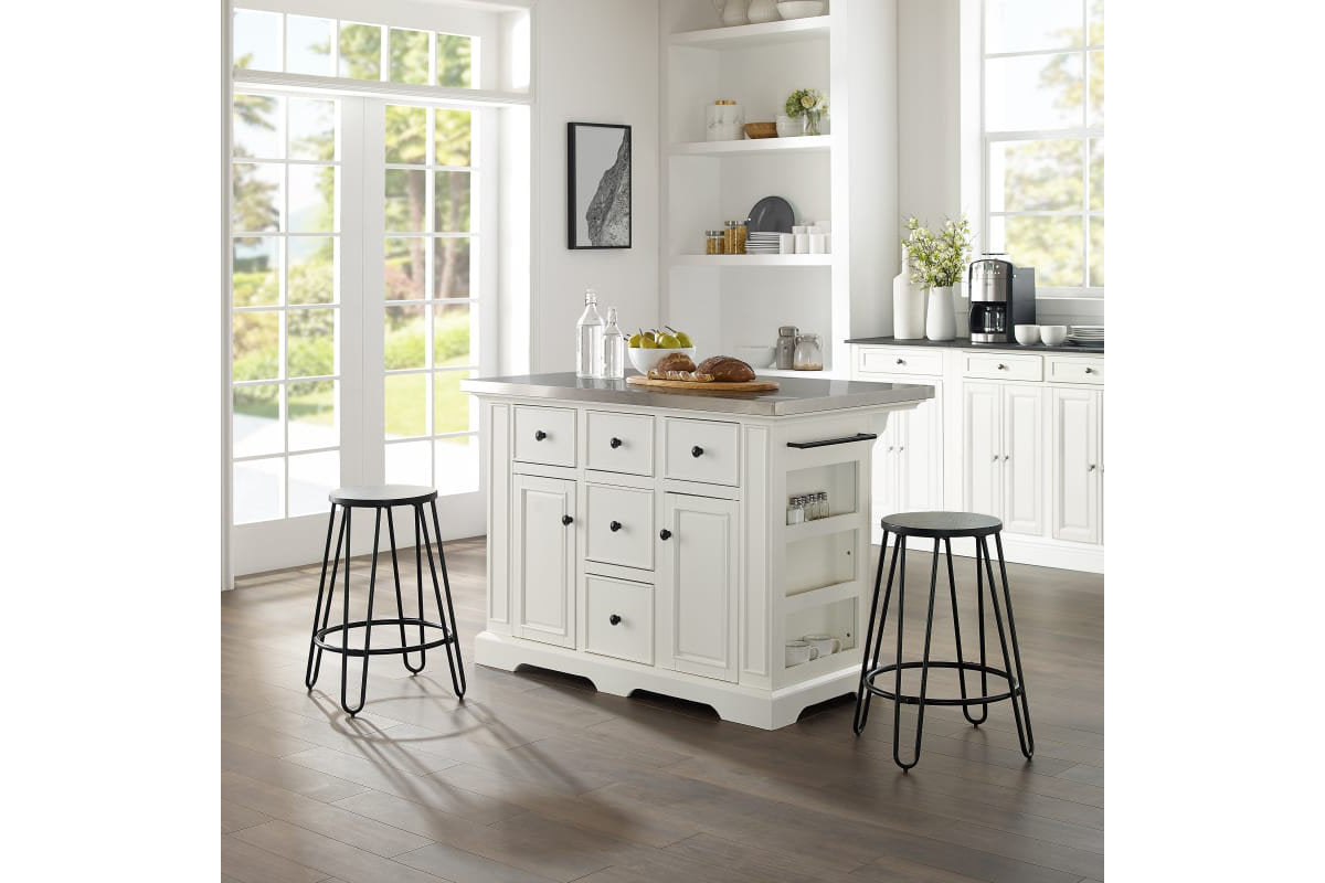 Julia Stainless Steel Top Island W/Ava Stools - White