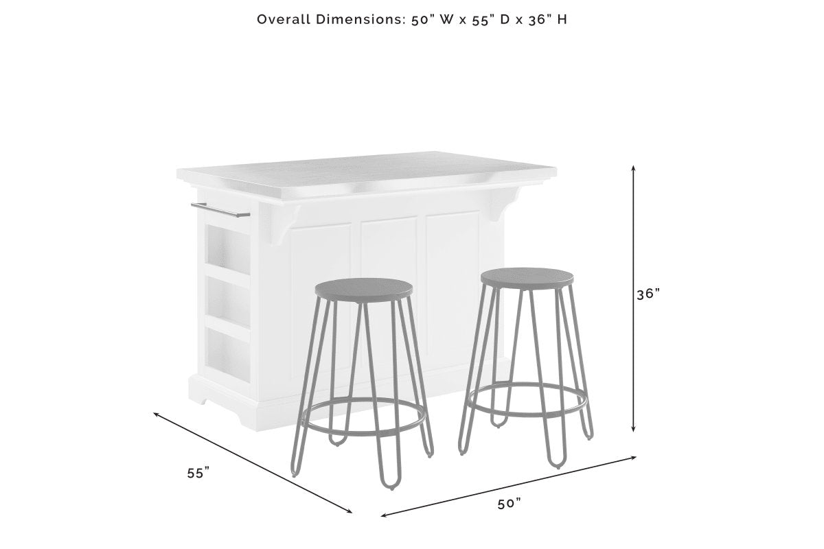 Julia Stainless Steel Top Island W/Ava Stools - White