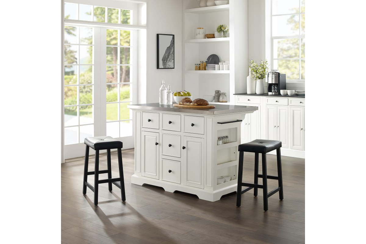 Julia Stainless Steel Top Island W/Uph Saddle Stools - White