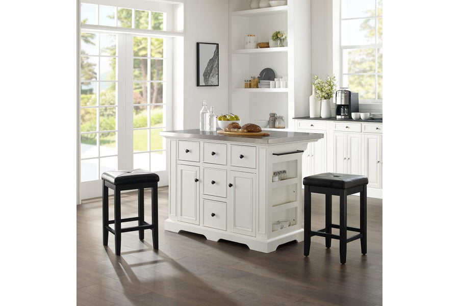 Julia Stainless Steel Top Island W/Uph Square Stools - White