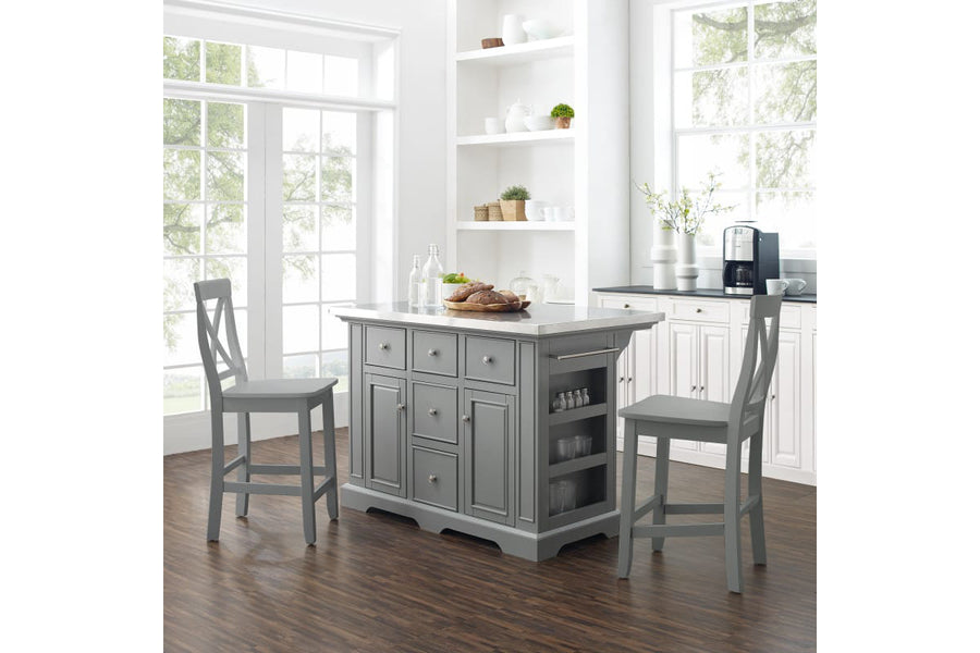 Julia Stainless Steel Top Island W/X-Back Stools - Gray