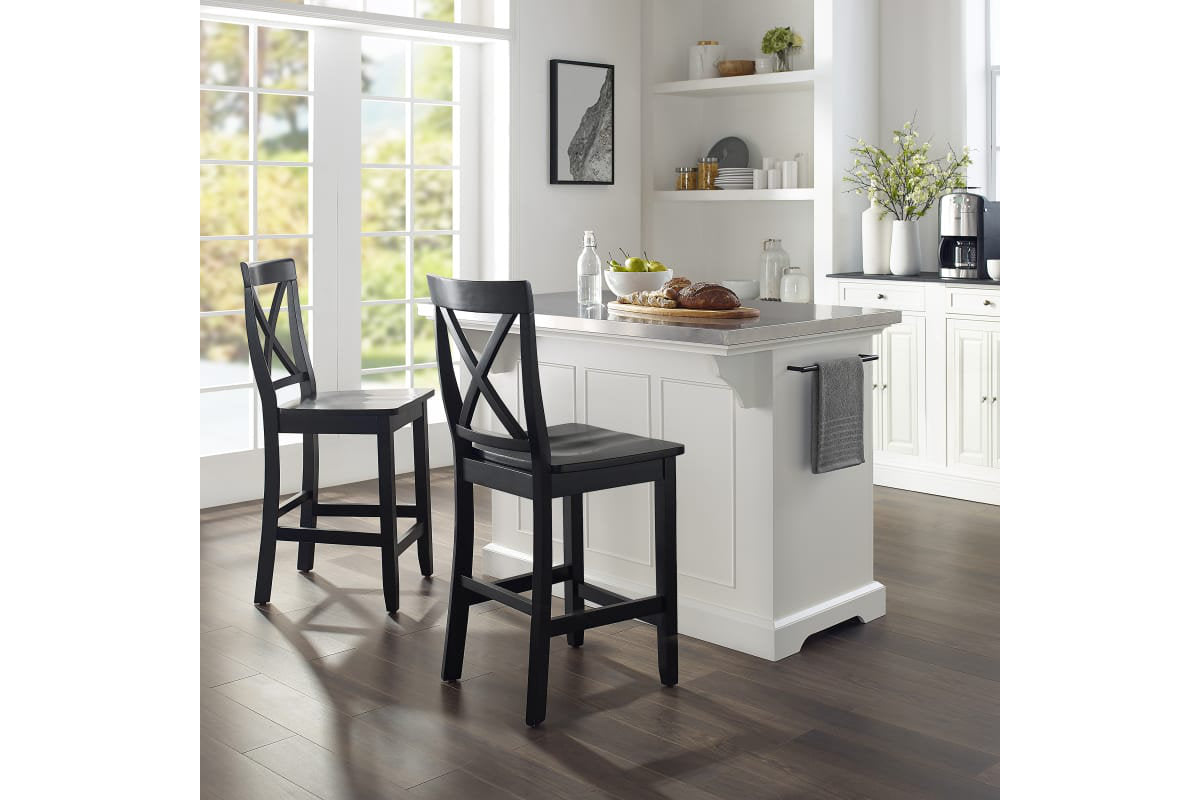 Julia Stainless Steel Top Island W/X-Back Stools - White & Black Stools