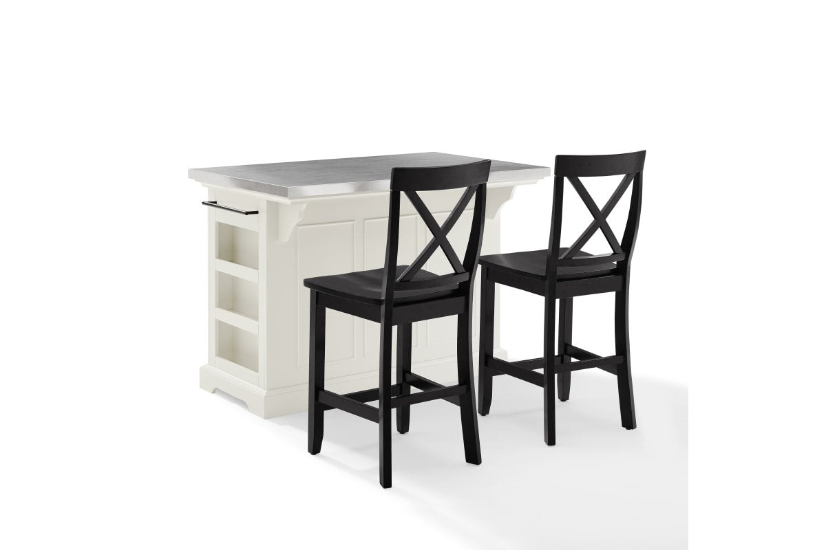 Julia Stainless Steel Top Island W/X-Back Stools - White & Black Stools