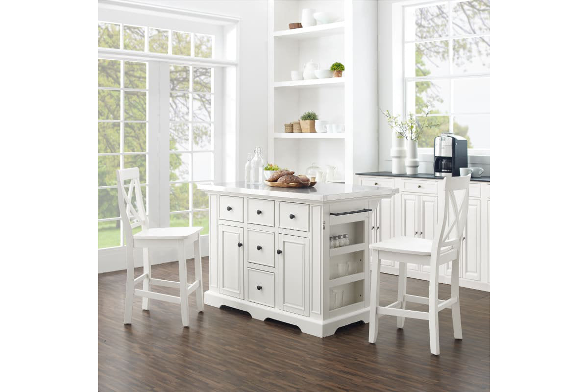 Julia Stainless Steel Top Island W/X-Back Stools - White & White Stools