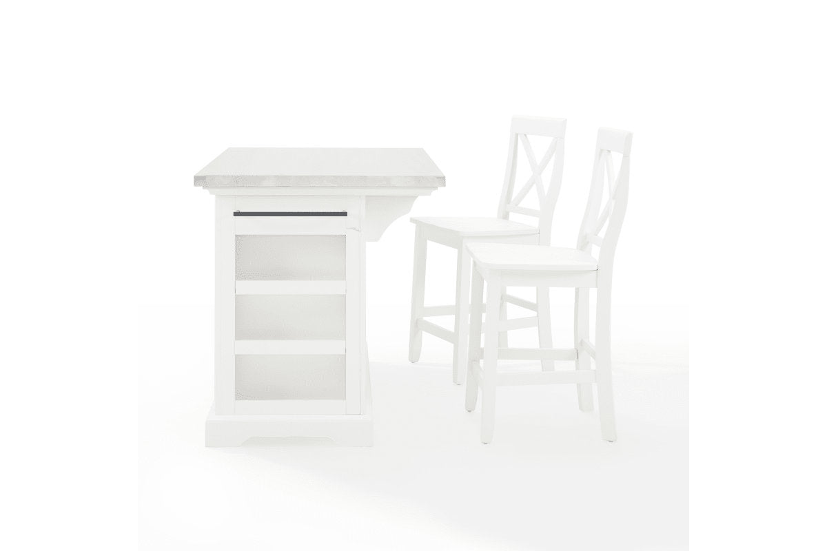 Julia Stainless Steel Top Island W/X-Back Stools - White & White Stools