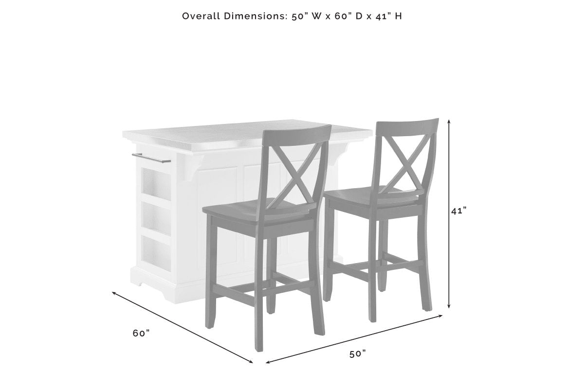 Julia Stainless Steel Top Island W/X-Back Stools - White & White Stools