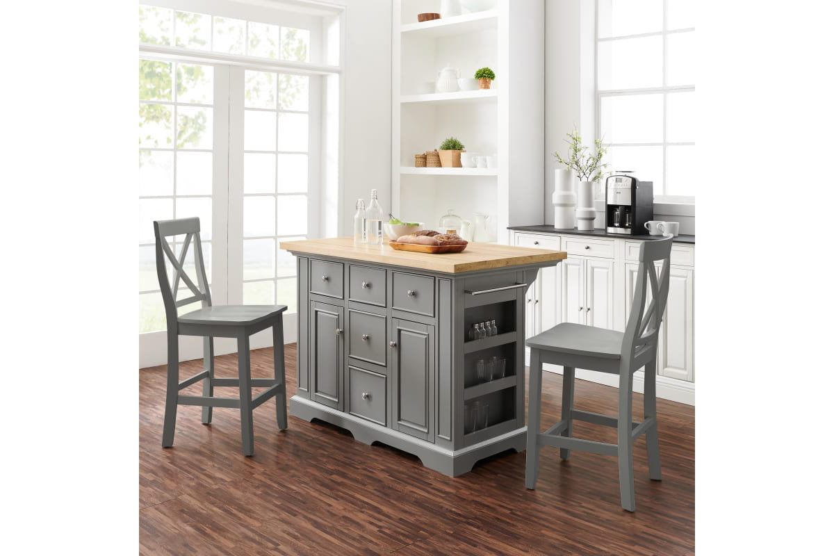 Julia Wood Top Island W/X-Back Stools - Gray & Natural