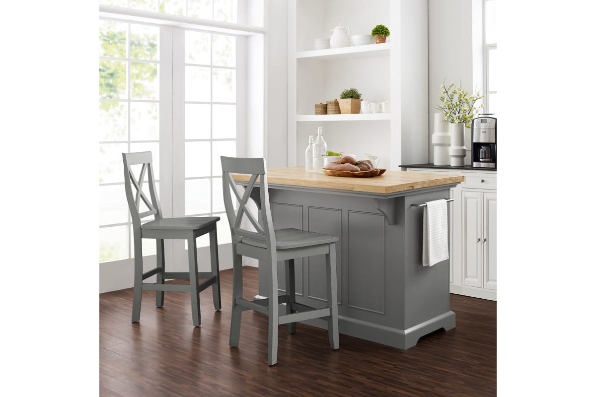 Julia Wood Top Island W/X-Back Stools - Gray & Natural