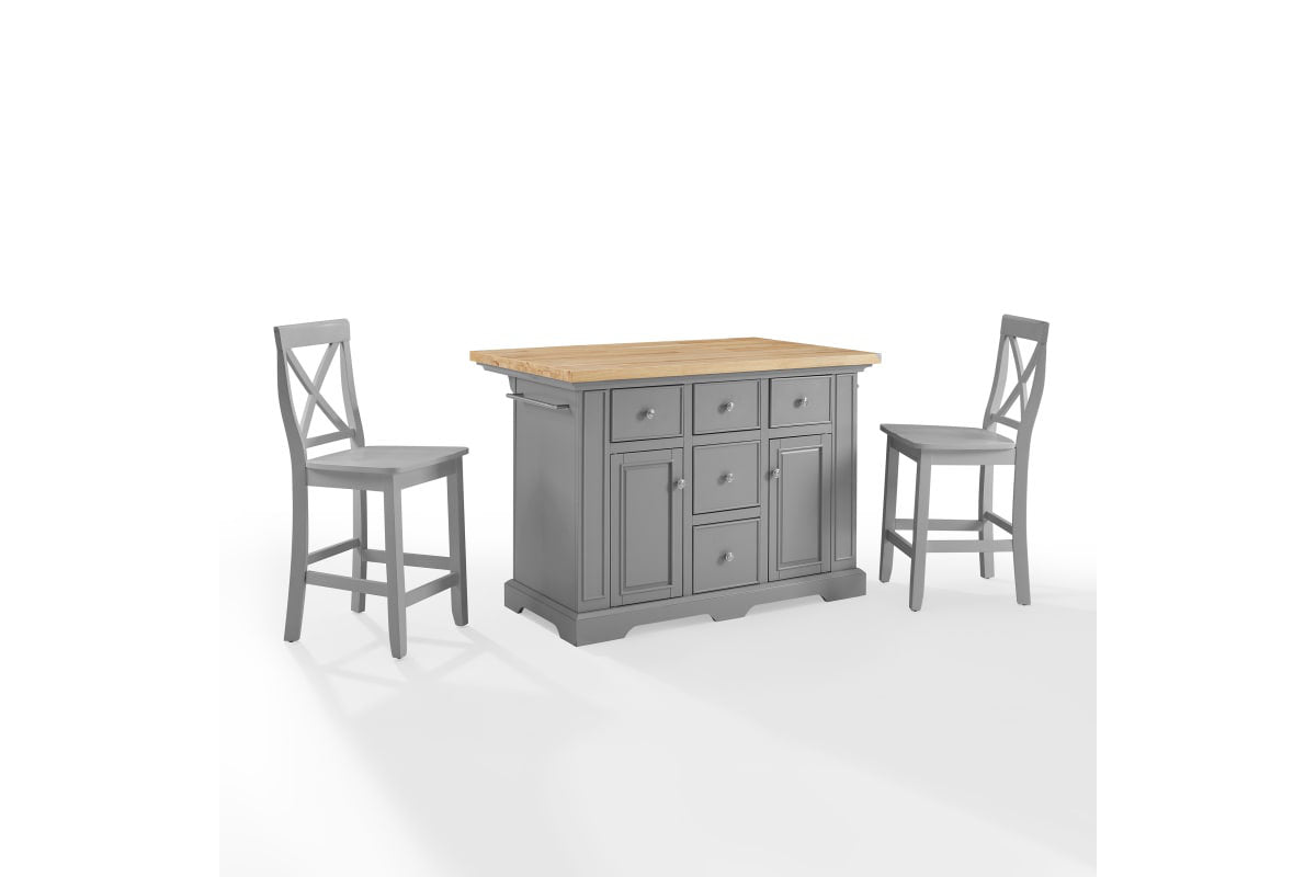 Julia Wood Top Island W/X-Back Stools - Gray & Natural