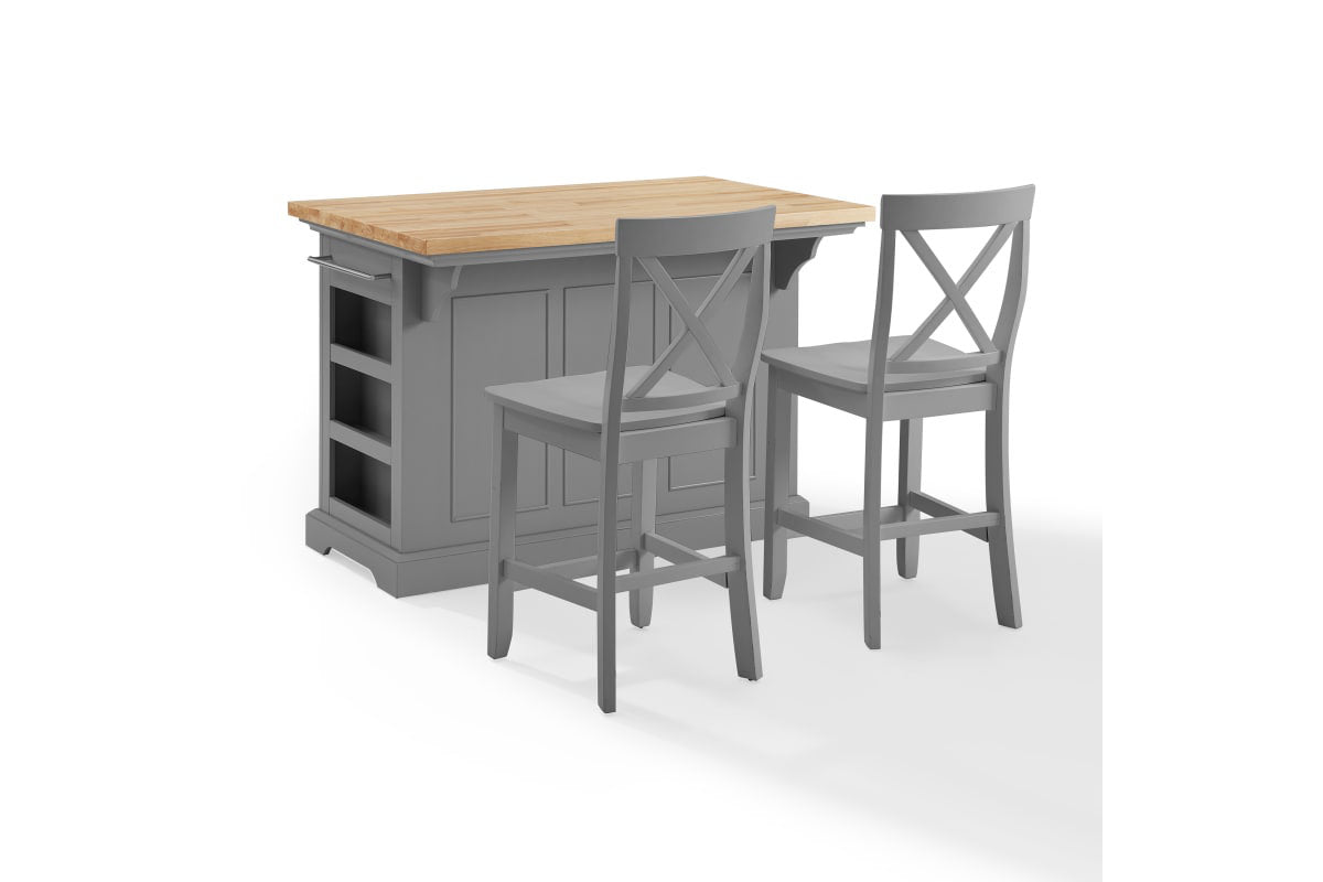 Julia Wood Top Island W/X-Back Stools - Gray & Natural