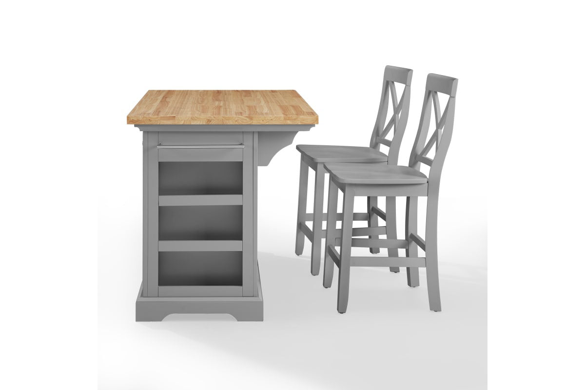 Julia Wood Top Island W/X-Back Stools - Gray & Natural