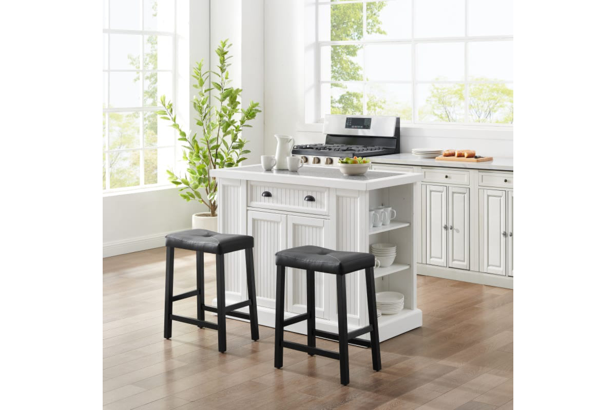 Seaside Island W/Upholstered Saddle Stools - Distressed White & Gray Granite