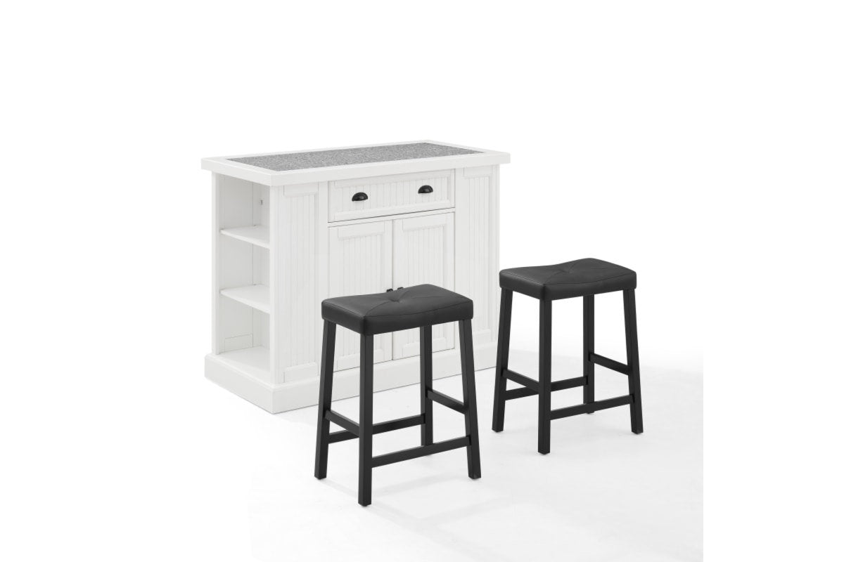 Seaside Island W/Upholstered Saddle Stools - Distressed White & Gray Granite