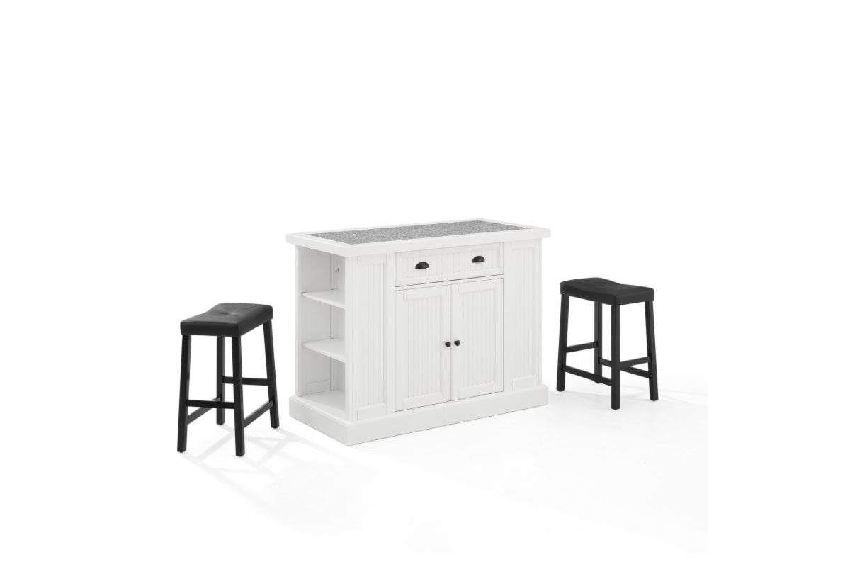 Seaside Island W/Upholstered Saddle Stools - Distressed White & Gray Granite