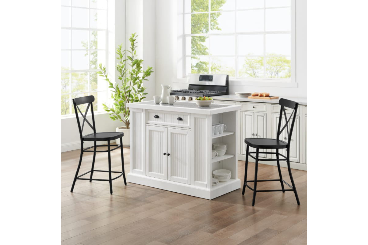 Seaside Island W/ Camille Counter Stools - Distressed White & Gray Granite