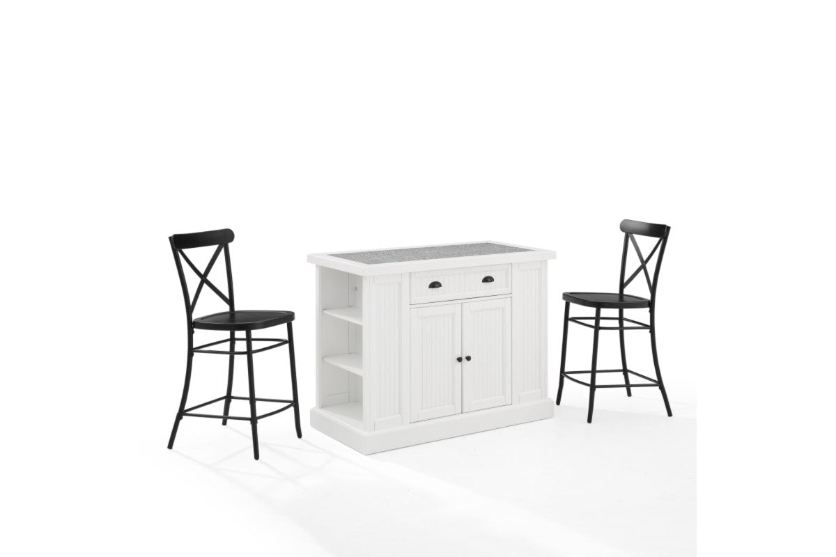 Seaside Island W/ Camille Counter Stools - Distressed White & Gray Granite