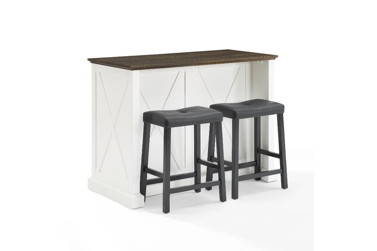 Clifton Kitchen Island W/Uph Saddle Stools - Distressed White