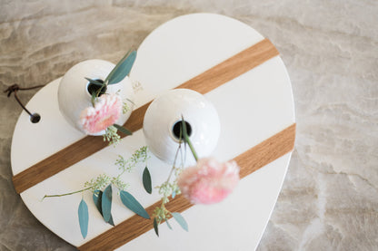 Charcuterie board with kitchen candle, white mod heart, large.