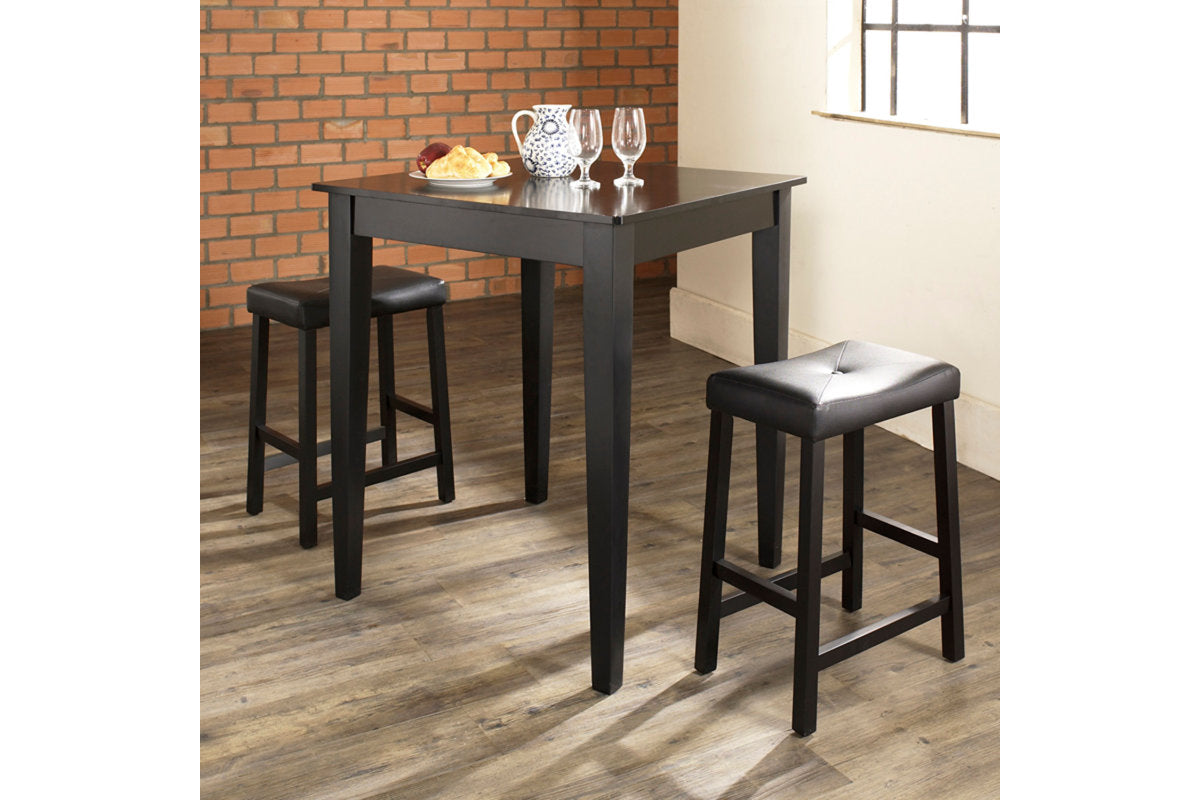 3Pc Pub Dining Set W/Upholstered Saddle Stools - Black