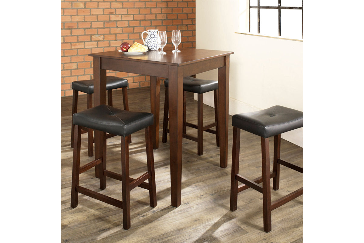 5Pc Pub Dining Set W/Upholstered Saddle Stools - Mahogany