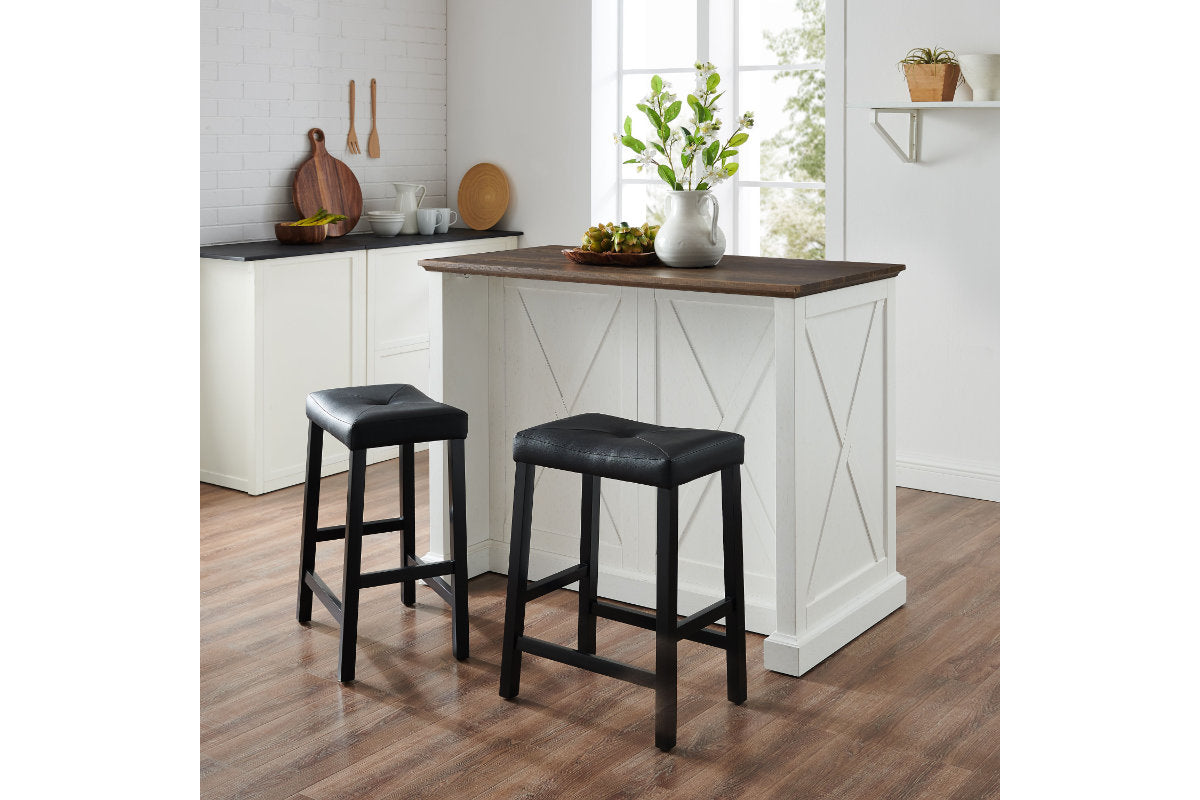 Clifton Kitchen Island W/Uph Saddle Stools - Distressed White