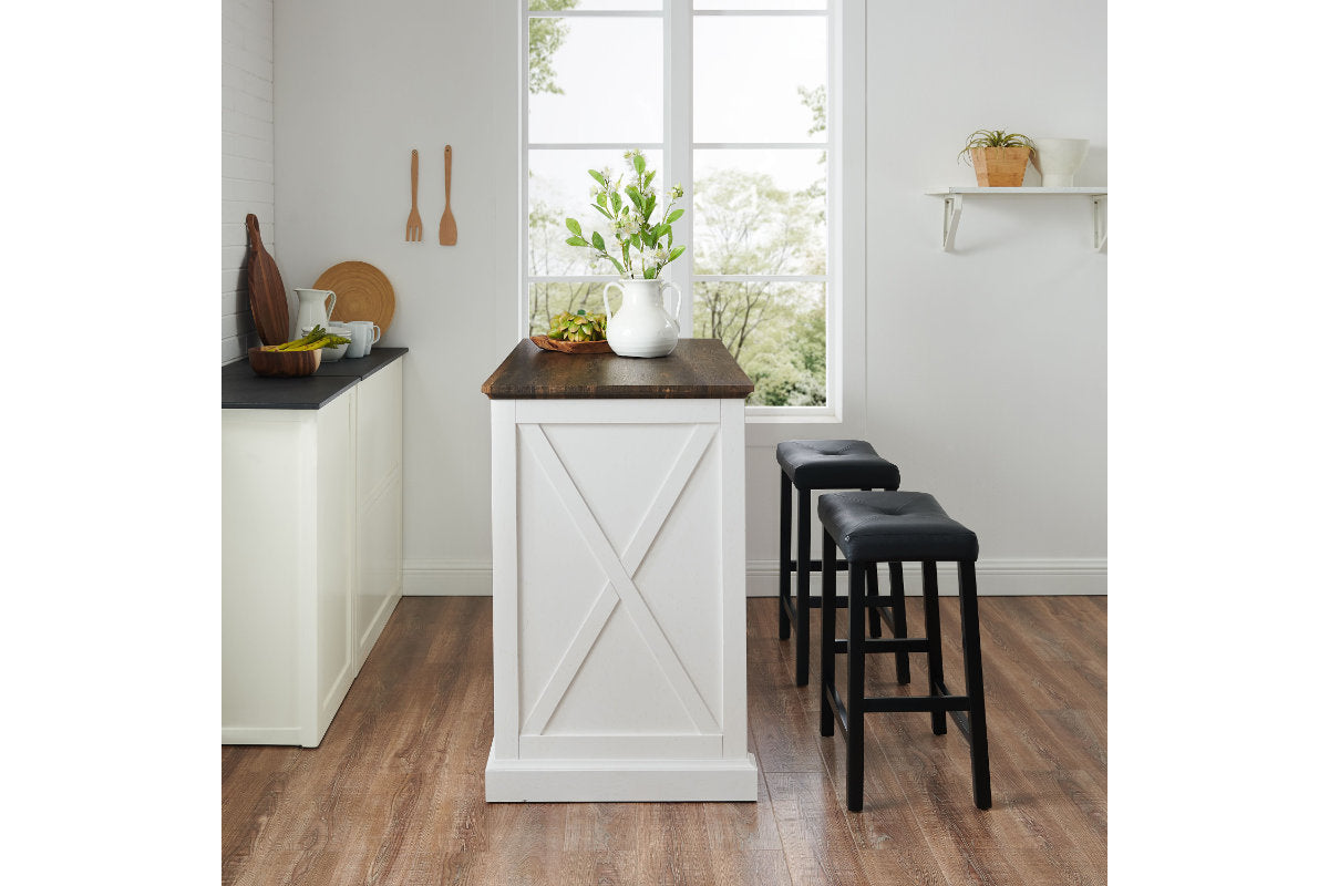 Clifton Kitchen Island W/Uph Saddle Stools - Distressed White