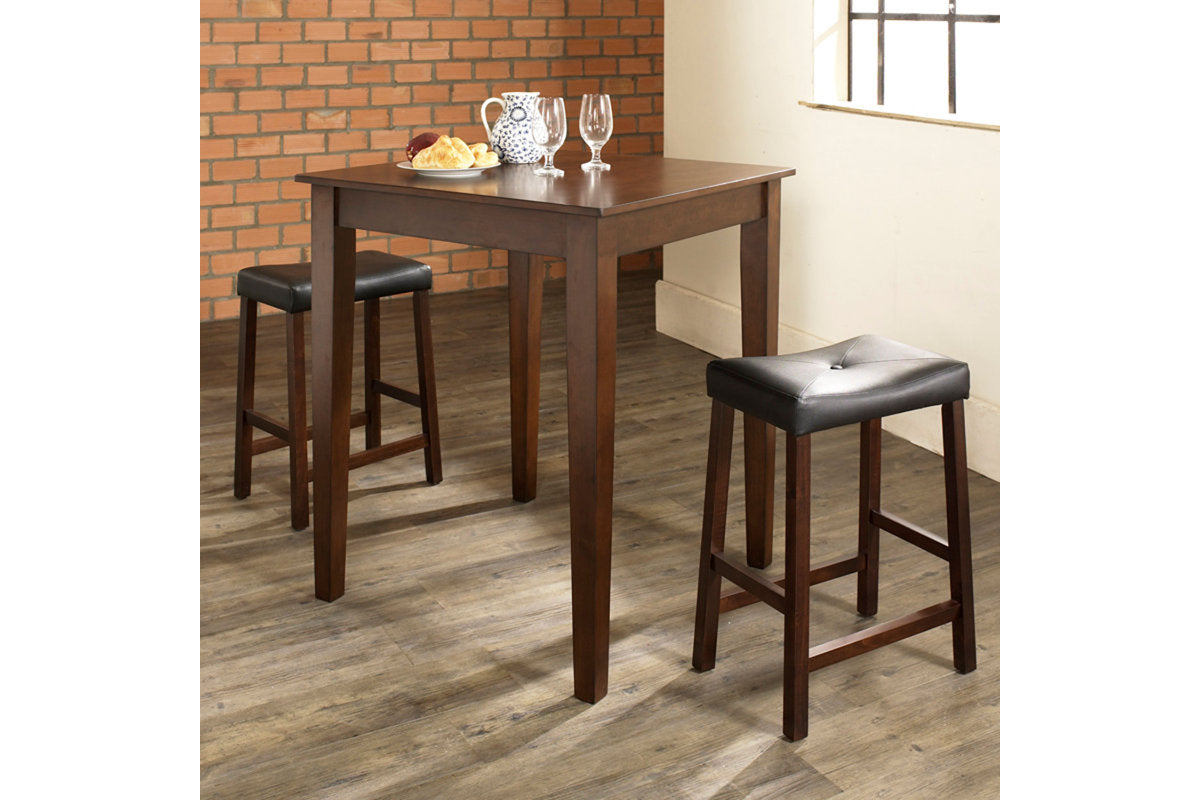 3Pc Pub Dining Set W/Upholstered Saddle Stools - Mahogany